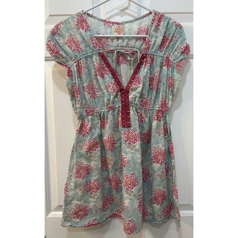 Free People Floral Delicate Cotton Tunic Blouse Sz M Cottage Coquette Feminine